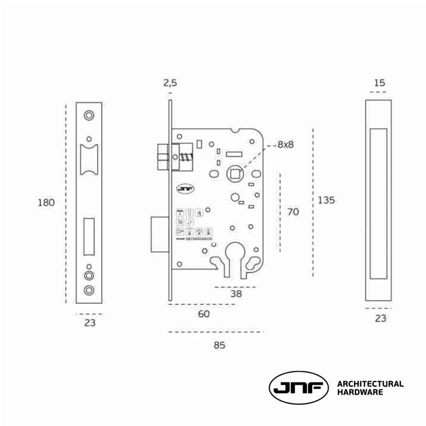 Fechadura de embutir JNF IN.20.825.60, entrada de 60mm, para cilindro europeu