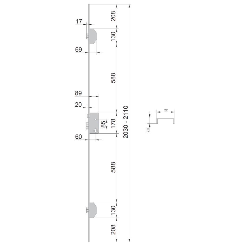 Fechadura multiponto 3 pontos UCEM 2560/2561, chapa em U, entrada 60mm, cromado