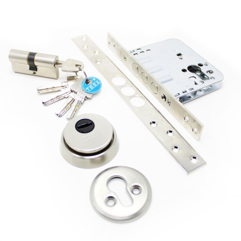 Fechadura de embutir madeira Tesa R201B, entrada 60 mm, niquelado (inclui cilindro e escudo segurança)